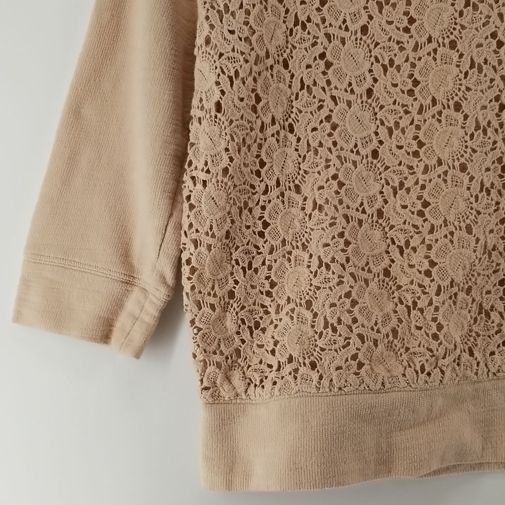 Anne Taylor Sweater Women's Tan 3/4 Sleeve Rear 1/4 Zip Crocheted Front Cotton - Picture 5 of 11